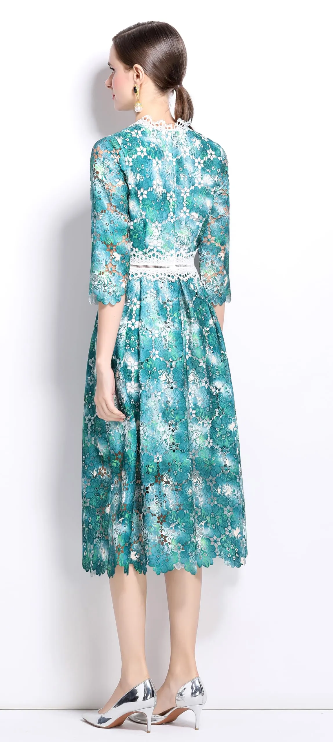 Womens 3/4 Sleeve Floral Print Midi Dress