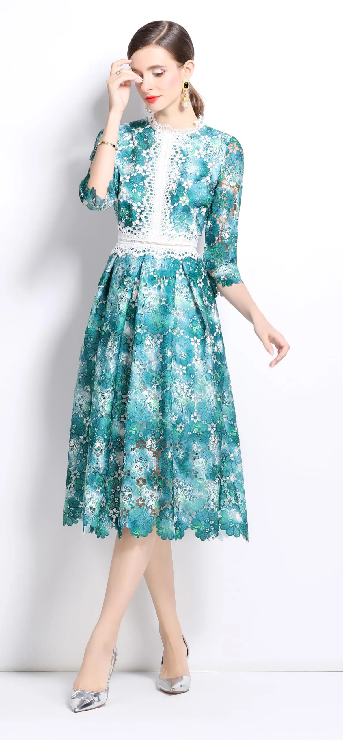Womens 3/4 Sleeve Floral Print Midi Dress