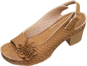 Women's Block Heel Sandals Summer Open Toe Ankle Buckle Strap Chunky Non Slip Casual Solid Color Hollow Out Floral Decor Sandals Lightweight Platform Wedge Fashion Footwear