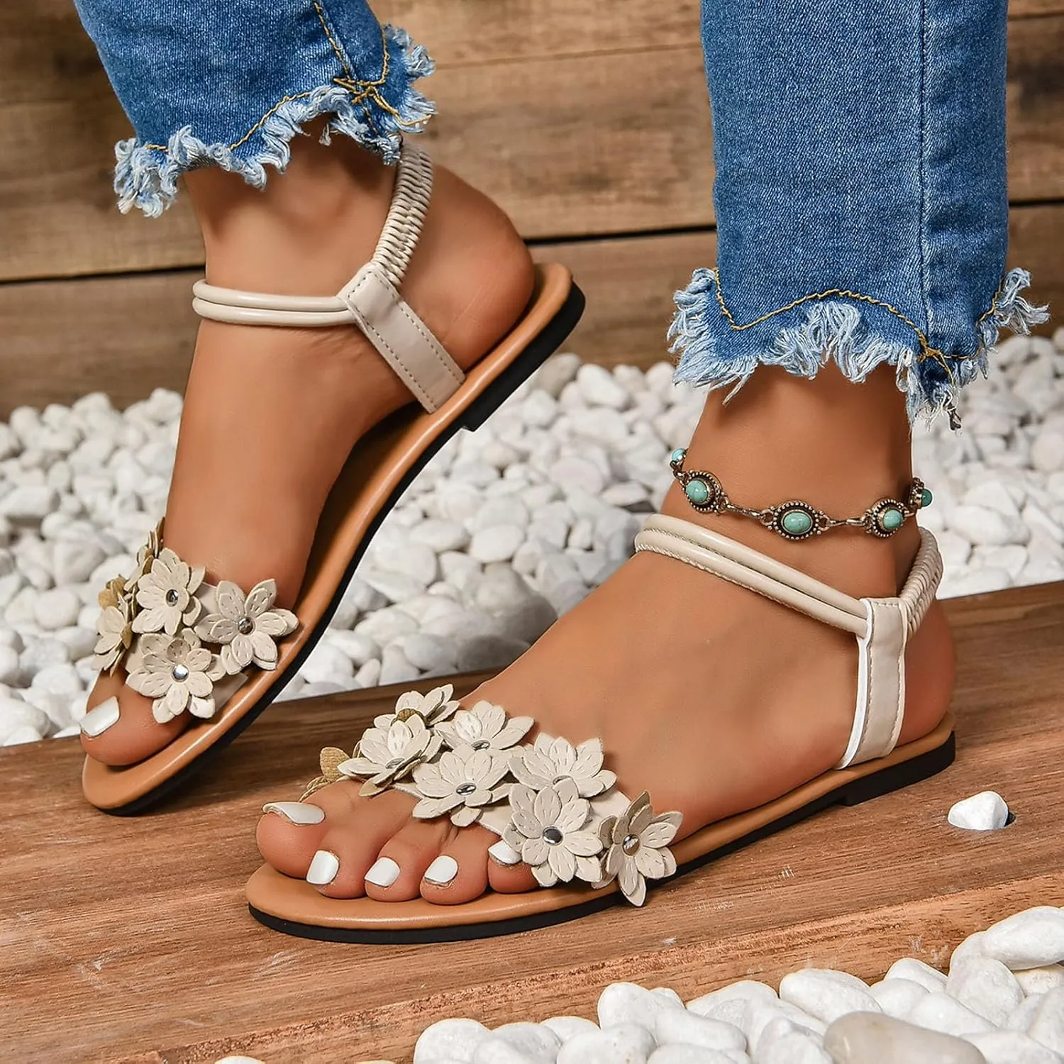 Womens Flat Sandals 2025 Summer Dressy Open Toe Slip On Orthopedic Bohemian Flowers Fashion Beach Sandals