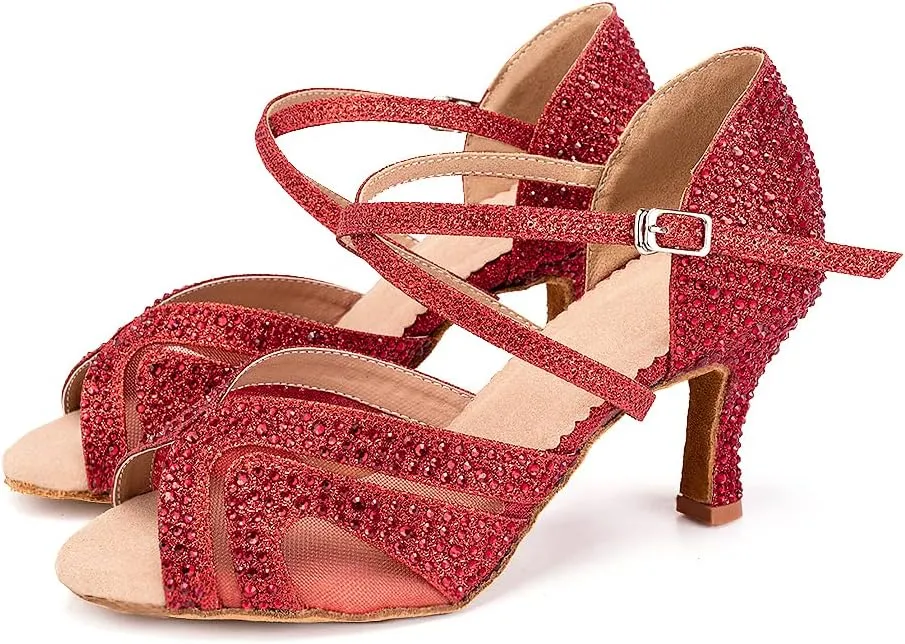 YKXLM Women Latin Dance Shoes Open Toe Rhinestone Glitter Crossing Strap Ballroom Dancing Shoes,1025