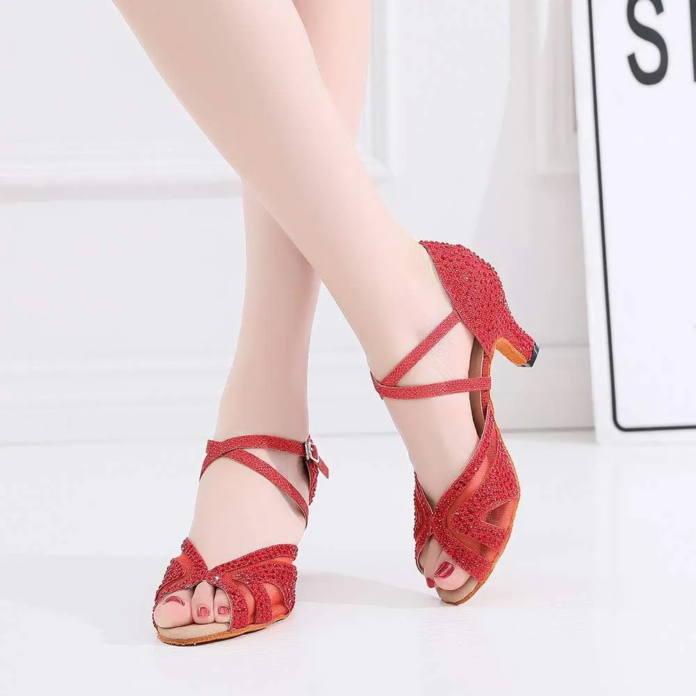 YKXLM Women Latin Dance Shoes Open Toe Rhinestone Glitter Crossing Strap Ballroom Dancing Shoes,1025