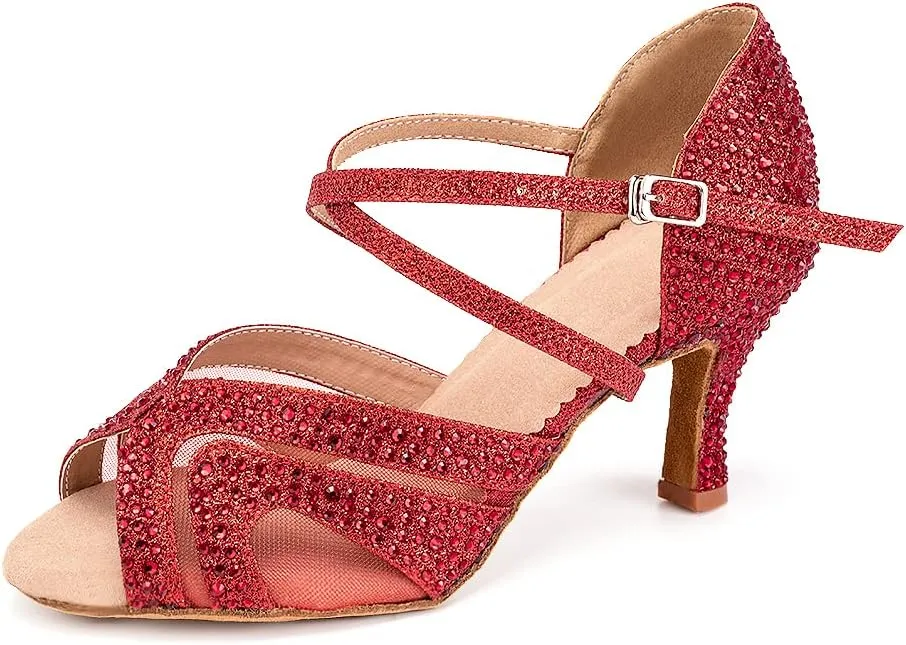 YKXLM Women Latin Dance Shoes Open Toe Rhinestone Glitter Crossing Strap Ballroom Dancing Shoes,1025