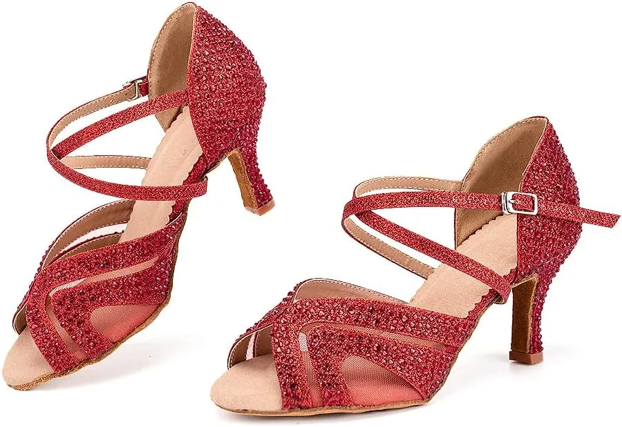 YKXLM Women Latin Dance Shoes Open Toe Rhinestone Glitter Crossing Strap Ballroom Dancing Shoes,1025