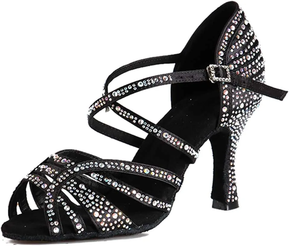 YKXLM Women's Ballroom Latin Dance Shoes with Rhinestone Salsa Performance Wedding Dance Shoes,L356