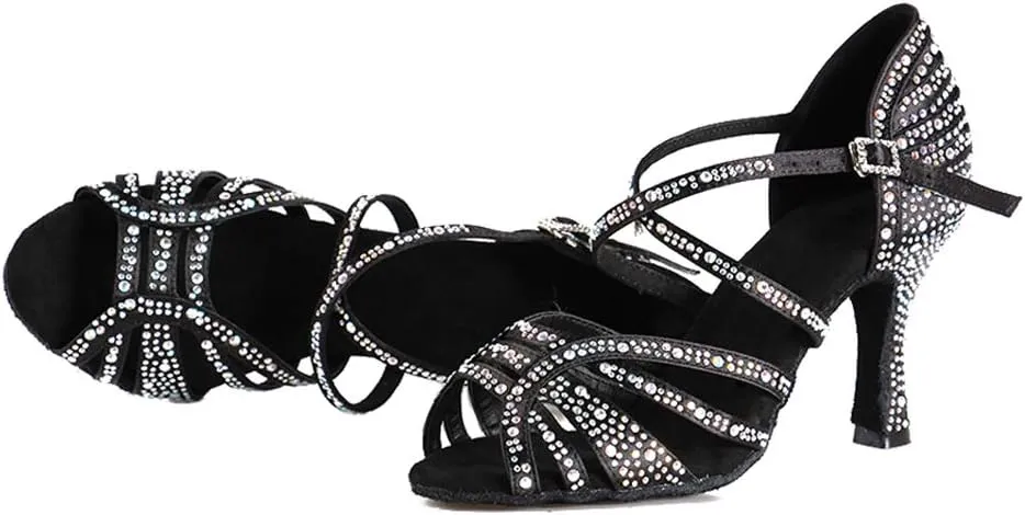 YKXLM Women's Ballroom Latin Dance Shoes with Rhinestone Salsa Performance Wedding Dance Shoes,L356