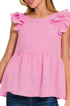 Zenana Islamorada Candy Pink Washed Gauze Ruffle Peplum Top